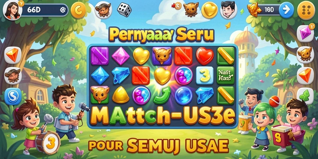 Tangkapan layar utama menunjukkan gameplay Match-3 yang penuh warna.