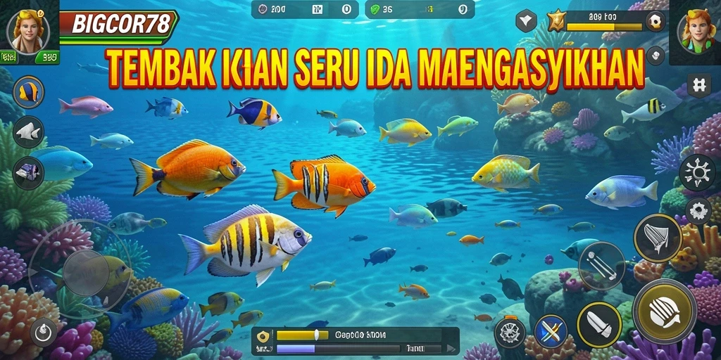 Screenshot gameplay seru dari BIGCOR78 yang menampilkan aksi menembak ikan.