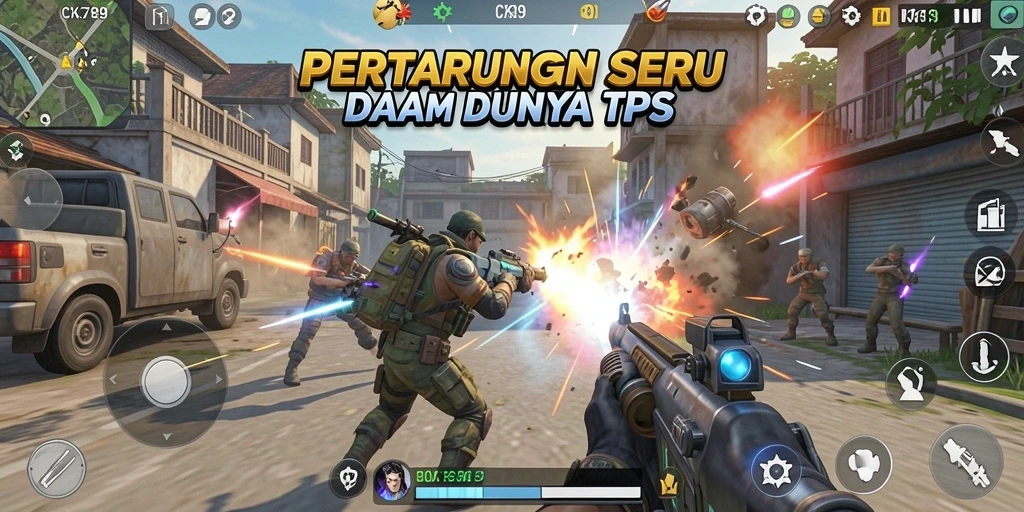 Screenshot gameplay CK789 menampilkan pertempuran mendebarkan dalam arena TPS.