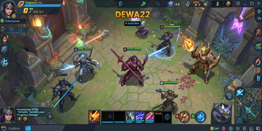 Tampilan gameplay dinamis DEWA22 menampilkan aksi seru dalam pertempuran MOBA.