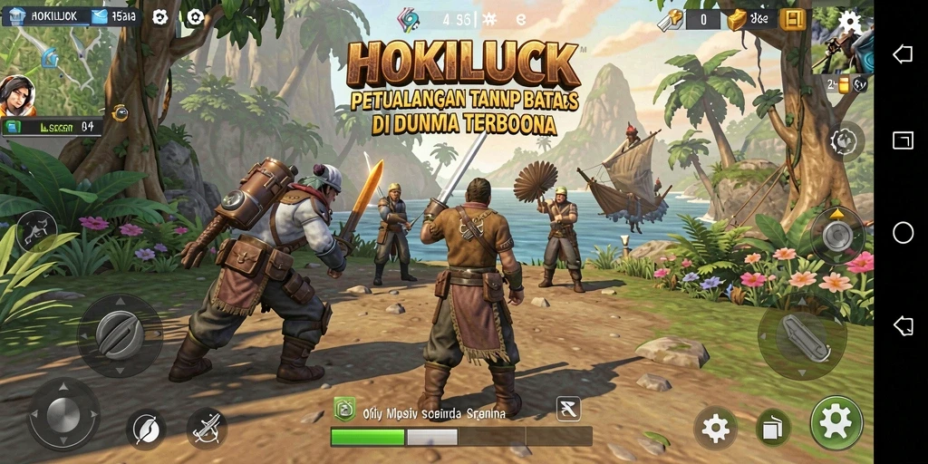 Tampilan gameplay HOKILUCK yang menampilkan petualangan di dunia terbuka.