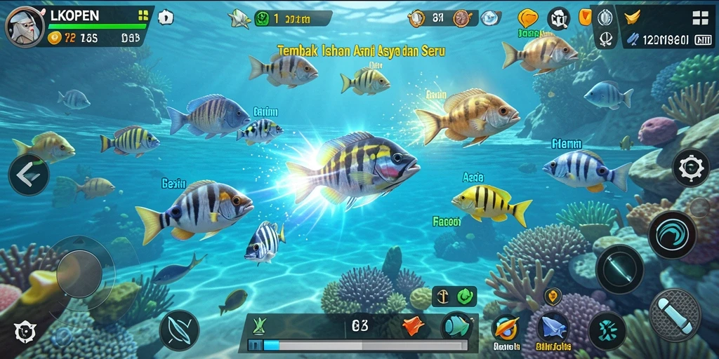 Tampilan gameplay LKOPEN dengan berbagai ikan berwarna-warni dan senjata menarik.