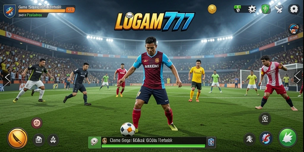 Tangkapan layar gameplay LOGAM777 menampilkan aksi seru dalam pertandingan sepak bola.