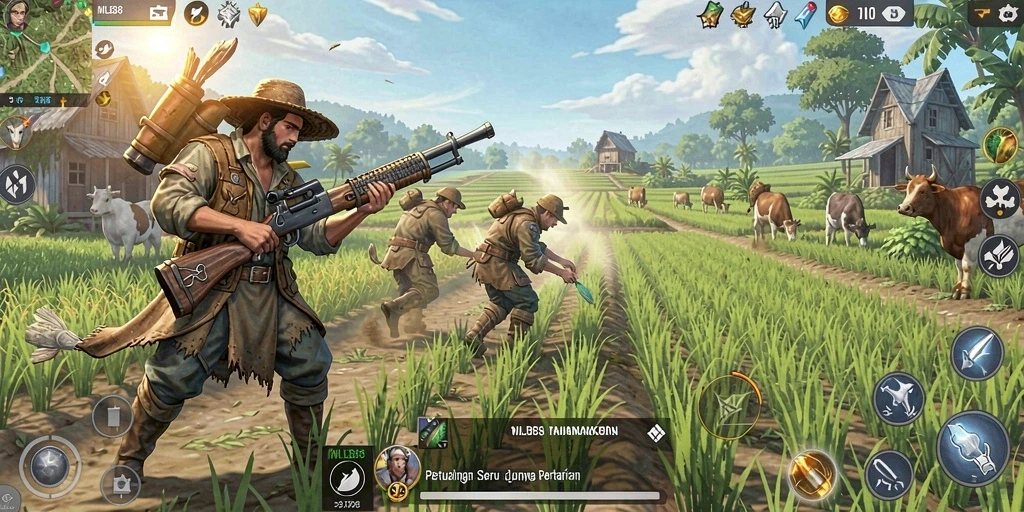 Tampilan gameplay menarik dalam MLBB8 yang menunjukkan pertanian aktif.