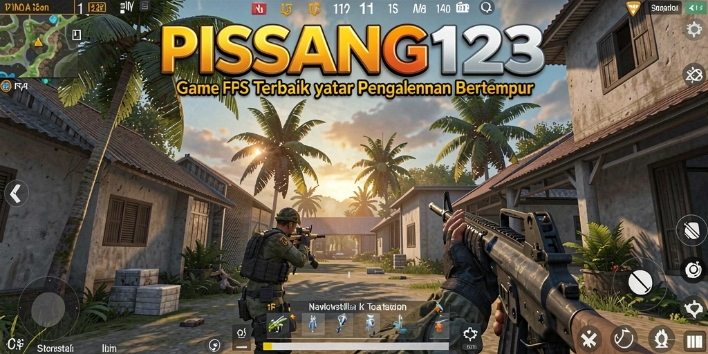 Screenshot utama menunjukkan aksi seru dalam game FPS PISANG123.