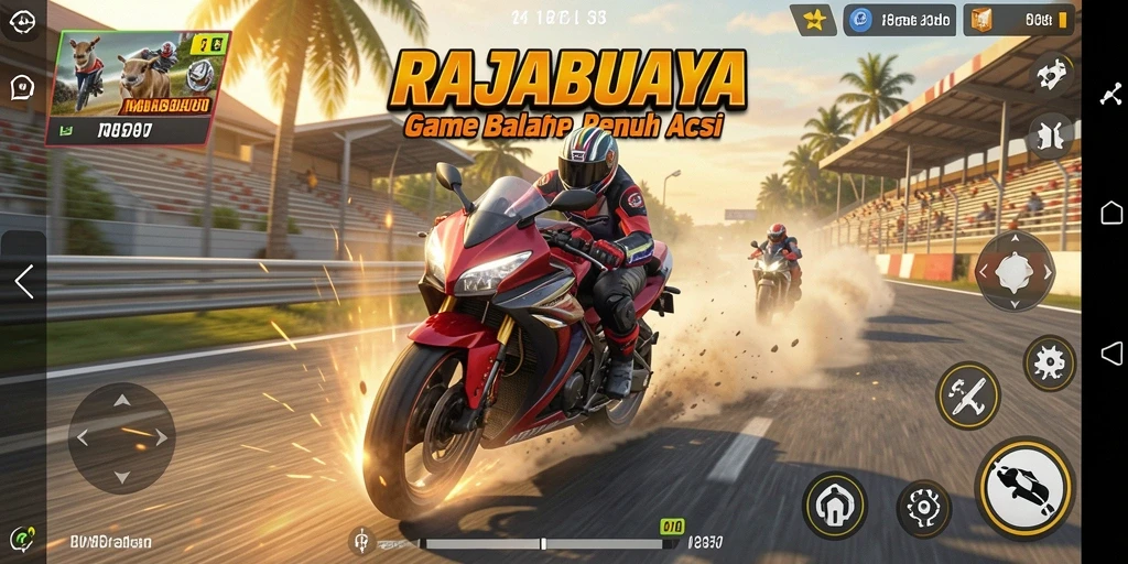 Tangkapan layar utama RAJABUAYA menampilkan aksi balap motor yang mendebarkan.
