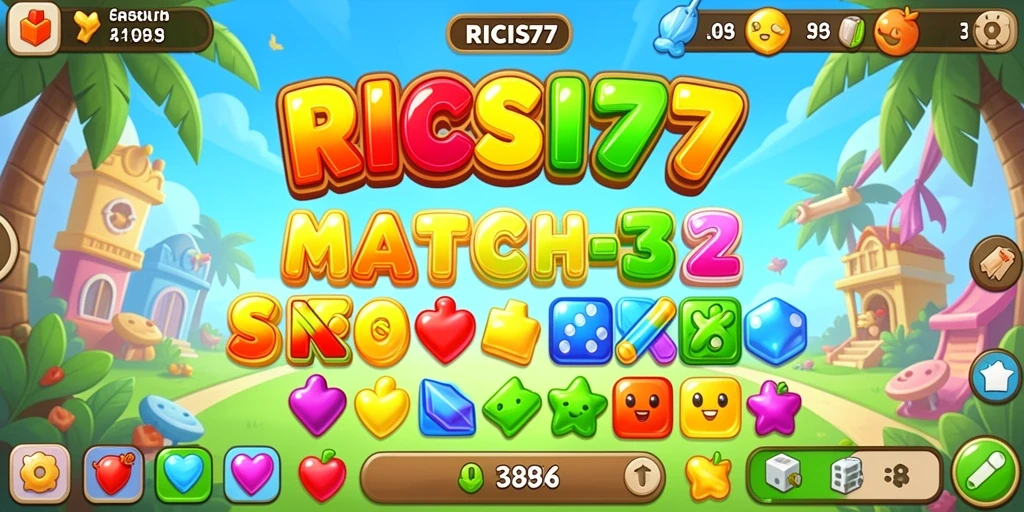 Tampilan gameplay RICIS77 dengan level Match-3 yang menarik dan berwarna-warni.